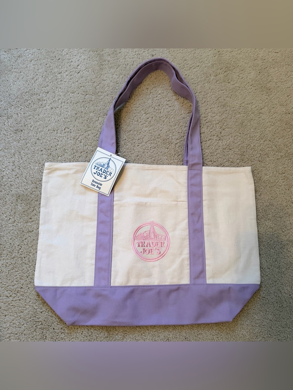 Trader Joe's Lavender & Cream Canvas Shoulder Tote - Large